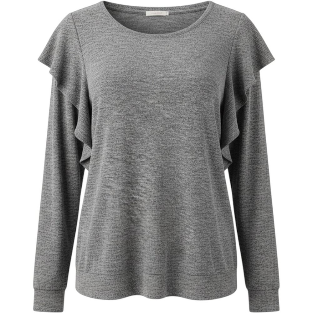 Bobeau Gray Heathered Ruffle Trim Long Sleeve Knit Top XL